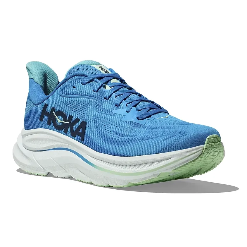 Tênis masculino Hoka Clifton 10 azul com detalhes brancos e verde claro, vista frontal lateral direita, fechamento em cadarço azul